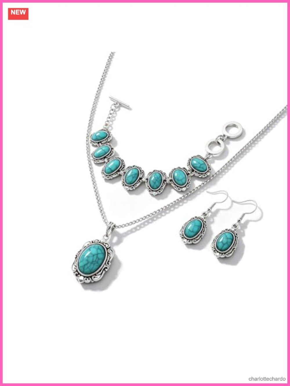 Boho Turquoise Jewelry Set Necklace Earrings Bracelet Western Cowgirl